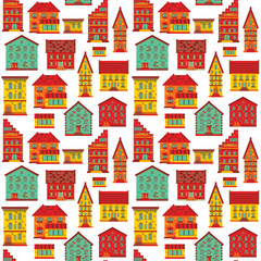 Fototapeta premium Seamless pattern with vintage houses, doodle house vector background, cute colorful houses in flat style, EPS 10