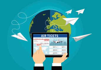 Flight ticket search for online booking. Vector flat illustration.