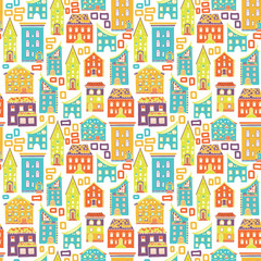Fototapeta na wymiar Bright colored seamless pattern with houses, doodle house vector background, cute colorfull houses in cartoon style, EPS 8