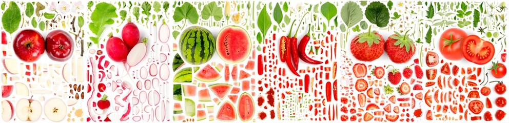 Red Fruit and Vegetable Slice and Leaf Collection