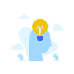 Flat illustration find idea brainstorming head and bulb with mini people team work together