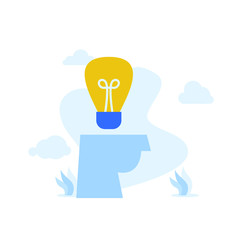 Flat illustration find idea brainstorming head and bulb with mini people team work together