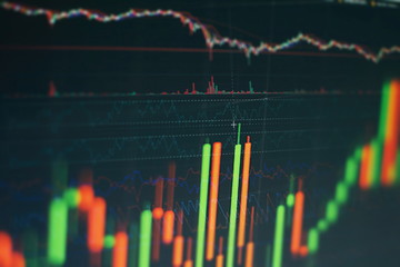 Technical price graph and indicator, red and green candlestick chart on blue theme screen, market volatility, up and down trend. Stock trading, crypto currency background.