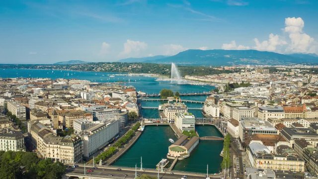 sunny day geneva city center river to lake aerial panorama 4k timelapse switzerland