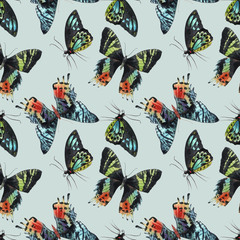Beautiful watercolor colorful butterflies seamless pattern. Hand drawn artwork. Ready wallpaper or print. Gentle mint background. Beauty of nature.