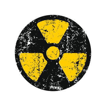 Yellow and black grunge Radioactive radiation warning icon symbol shape. Atomic energy nuclear danger caution logo sign. Vector illustration image. Isolated on yellow background.