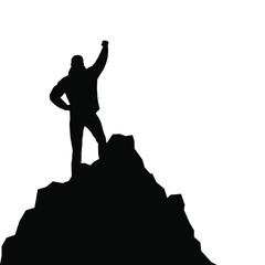Silhouette of active man who standing on a top with raised hand. Vector illustration.