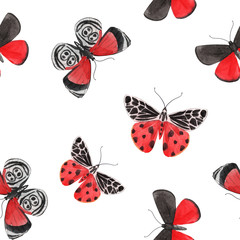 Fototapeta premium Beautiful watercolor red butterfly seamless pattern. Colorful insects. Hand drawn artwork. Ready wallpaper or print. White background. Beauty of nature.