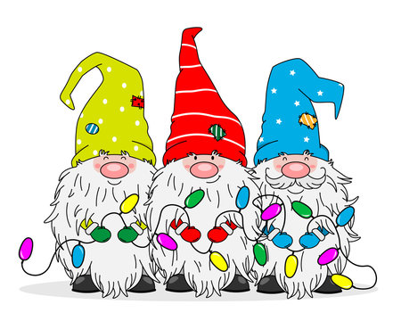 Christmas greeting card. Three gnomes with Christmas lights