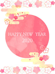 	切り絵風_年賀状テンプレート_梅_七宝_正月素材_ピンク_グラデーション