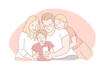 Family bonding, happy childhood, parenthood concept. Relatives taking selfie together, capturing important life moments, mother, father, daughter and son posing for group portrait. Simple flat vector