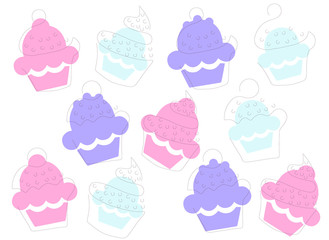 background with cupcakes (pink, purple, blue), vector illustration