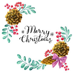 Christmas ornaments from the branches painted with watercolors on white background. Branches of trees. Holly sprigs with red berries.