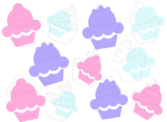 background with cupcakes (pink, purple, blue), vector illustration