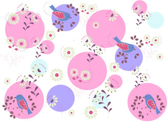 abstract simple background with flowers and birds and color circles, vector illustration