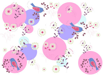 abstract simple background with flowers and birds and color circles, vector illustration