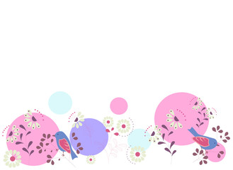 abstract simple background with flowers and birds and color circles, vector illustration