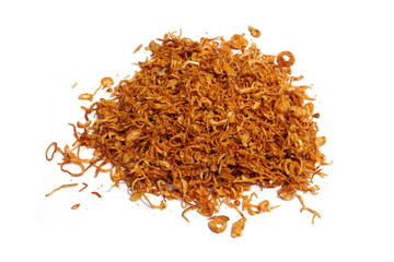 Fried onions or crispy fried onion flakes isolated on white background, Indian spice mix.