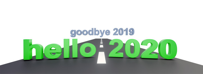 hello 2020, good bye 2019. Happy new year, hello 2020 written on 3d text upon road on perspective view. 3d illustration