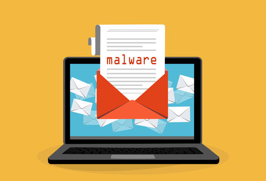Concept of virus, piracy, hacking and security. Envelope with walware in iaptop. Website banner of e-mail protection, anti-malware software. Flat vector illustration.