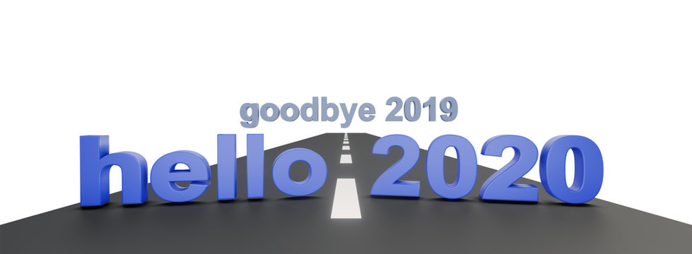 hello 2020, good bye 2019. Happy new year, hello 2020 written on 3d text upon road on perspective view. 3d illustration