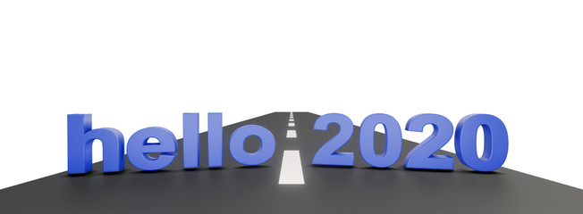 hello 2020, good bye 2019. Happy new year, hello 2020 written on 3d text upon road on perspective view. 3d illustration