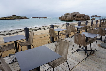 beach front restaurant on the Brittany coast, France