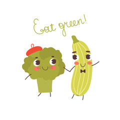 Cartoon smiling broccoli and zucchini with cute faces. Vector