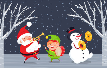 Xmas characters with musical instruments singing songs. Caroling of Santa Claus, elf and snowman. Trumpet and drums accompaniment. Winter landscape and snowy weather. Christmas time, vector in flat