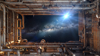 view on the Milky Way galaxy through a spaceship window