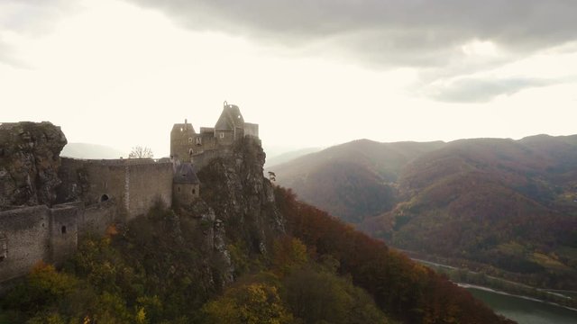 AGGSTEIN/ AUSTRIA OCTOBER 25, 2019: autumn evening view of Aggstein castle ruins and the famous Wachau Valley, Austria