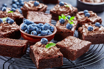 chocolate brownies with berries on a wire stand