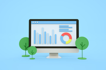 Computer Data analysis, Graph on computer screen, Digital analysis vector banner 3d rendering