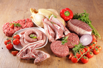 raw meat assortment, minced beef, sausage- chicken-roast beef
