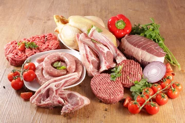 Fotobehang raw meat assortment, minced beef, sausage- chicken-roast beef © M.studio