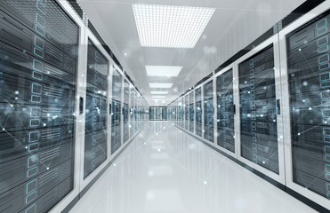 Fototapeta premium Connection network in servers data center room storage systems 3D rendering