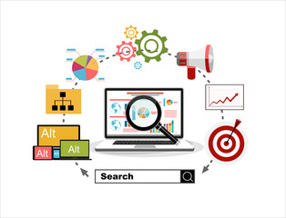 Flat illustration web analytics design , SEO optimization.