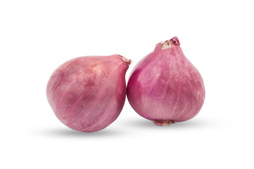 Close-up of Red whole onions isolated on white background.