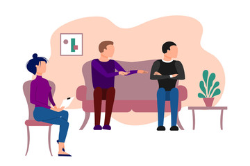 Married caucasian couple of two men having therapeutical meeting at psychologist office. Flat style stock vector illustration.