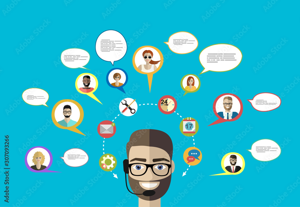 Aufkleber business customer care service concept flat icons set of contact us support help desk phone call and