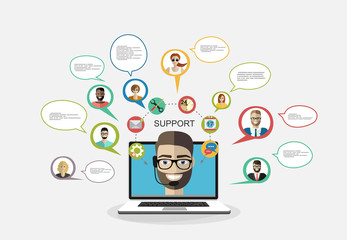 Business customer care service concept flat icons set of contact us support help desk phone call and website click for infographics design web elements vector illustration.