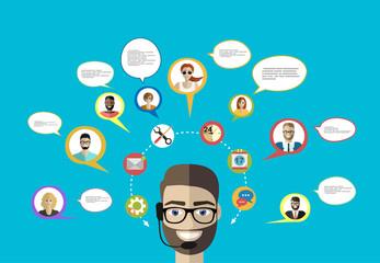 Business customer care service concept flat icons set of contact us support help desk phone call and website click for infographics design web elements vector illustration.