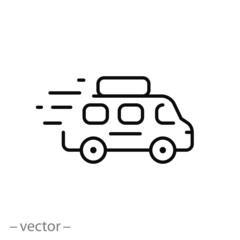 travel on microbus icon, bus tour, minibus for tourism, thin line web symbol on white background - editable stroke vector illustration eps 10