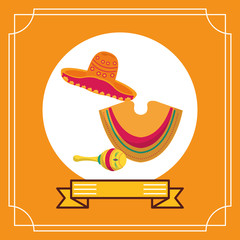 mexican culture hat with poncho and maracas
