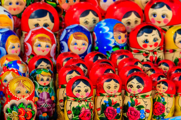 Traditional souvenirs from Russia - colorful nesting dolls, also known as matryoshka, babushka, stacking dolls, or Russian dolls