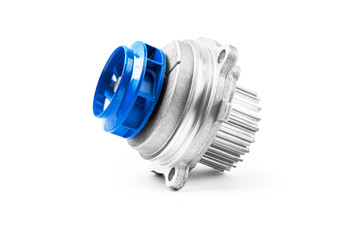 New metal automobile pump for cooling an engine water pump on a white background. The concept of new spare parts for the car engine