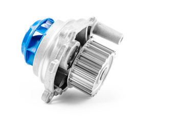 New metal automobile pump for cooling an engine water pump on a white background. The concept of new spare parts for the car engine