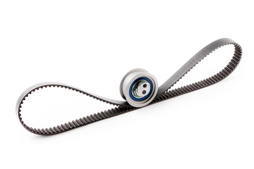 Kit of timing belt with rollers on a white background isolated. Auto Parts