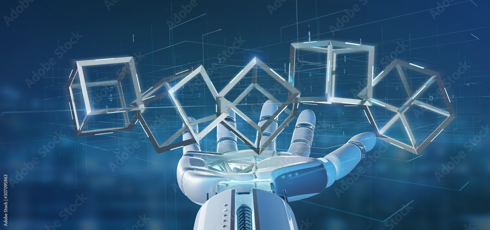 Poster cyborg hand holding a blockchain cube 3d rendering