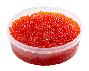Red caviar in plastic container isolated on white background. Close-up, macro.